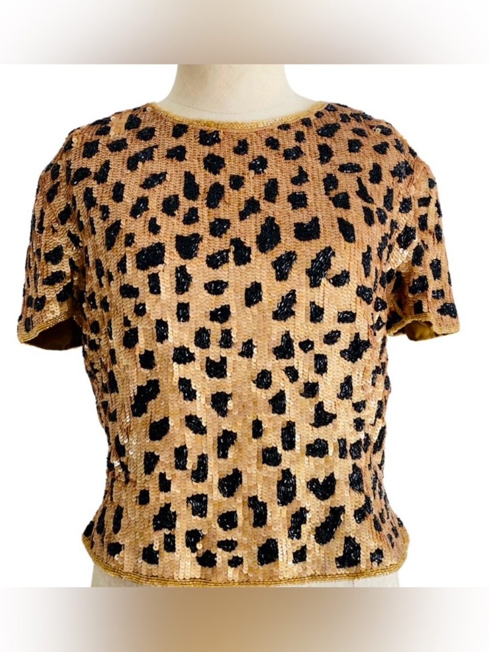 Adrianna Papell Evening Sequin Leopard Print Top in Tan and Black Size M